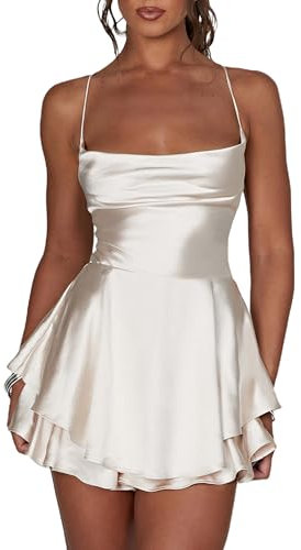 SANSIWU Women Spaghetti Strap Romper Dress Cowl Neck Double Layer Ruffle Hem Tie Back Chiffon Short Jumpsuit Y2k Sexy Playsuit Clubwear (Champagne, S)