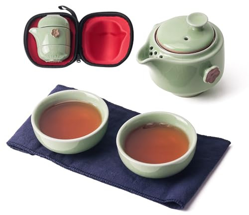 Juego de té de viaje de cerámica, tetera china Kung Fu, tazas de té de porcelana Gongfu con infusor, bolsa portátil, 1 olla, 2 mini tazas, todo en uno para el hogar, oficina, picnic, camping, hotel