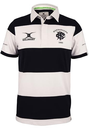 Gilbert- Polo Barbarians Rugby, Manga Corta, Negro y Blanco, Talla M