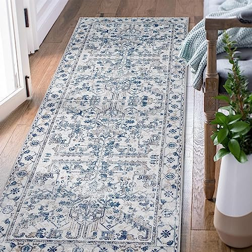 TOPICK Läufer 60x180cm Blau Teppich Vintage Faltbar Dünner Waschbar Teppichläufer Blumendruck Rutschfester Leichter Küche Badezimmer Eingangsmatte