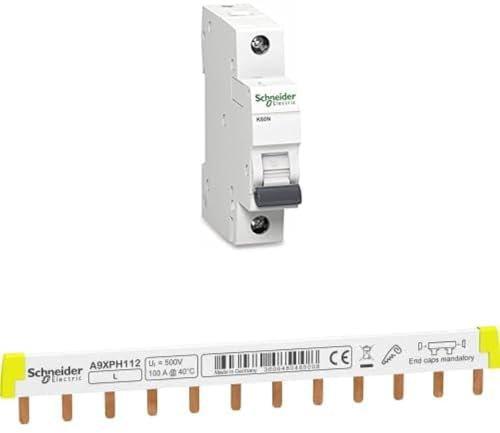Bundle aus Schneider Electric Leitungsschutzschalter K60N 1P 10A B, A9K01110 + Schneider Electric A9XPH112 Phasenschiene Steg, ablängbar, 1P, 12 TE, 100A