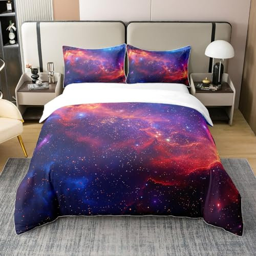 100% Baumwolle Galaxy Bettwäsche Set Sternenhimmel Bettbezug 135x200 Cosmos Nebel Tröster Abdeckung für Kinder Männer Frauen Erwachsene Outer Space Bettbezug 1 Kissenbezug,Blau Lila