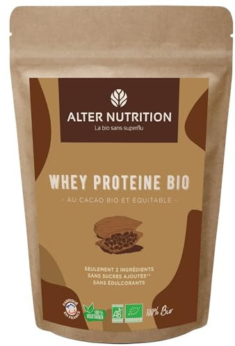 ALTER NUTRITION - Whey Protéine Bio - Cacao - Prise De Masse - Récupération - BCAA - Lait De Vache Bio - Sans Sucres Ajoutés - Fabriqué En France - 18g De Protéines Par Scoop - Sachet De 500g
