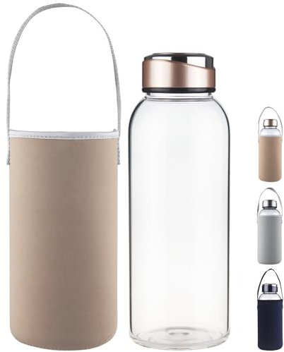 SHOW INGENUITY 48 OZ Borosilicate Glass Water Bottle BPA Free Reusable Glass Drinking Bottle with Neoprene and Stainless Steel Lid