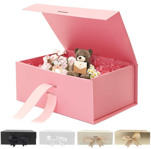 Sekepingo 22 * 16.5 * 8,5cm Geschenkbox Mit Schleife, Luxus Mittlere Magnet-Geschenk Box, mit Band, Papier& Grußkarte Party Favor Box für Hochzeit, Geburtstag & Muttertag (Rosa)