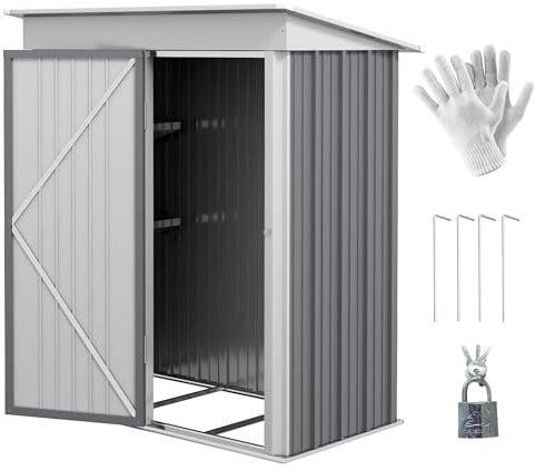 Outsunny Casetta da Giardino con Base in Acciaio e 2 Ripiani Regolabili, Capanno da Giardino Porta Attrezzi con Tetto e Porta Bloccabile, 161x95x163/181cm, Grigio