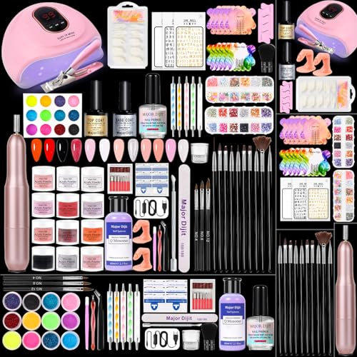 Major Dijit Kit d'ongles en acrylique avec lampe à ongles, 12 couleurs, poudre acrylique liquide, top coat, primer et foret à ongles électrique pour kit d'ongles en gel, outil de bricolage