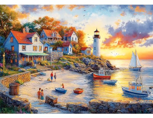 1000 Pieces Puzzles for Adults, Fall Seaside Puzzle, Fishing Village Jigsaw Puzzles 1000 Pieces, Creative Play Holiday Party Gifts Artwork Wall Home Decor, Funny Puzzle for Adults, 28×20 in