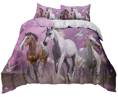 YBRAVO Rose Violet Housse de Couette 90x190 cm Trois Chevaux Qui courent Couette 1 Personne Microfibre Parure de Lit avec Fermeture à Glissière et 2 Taies d'oreiller pour Chambre d'enfants Adultes