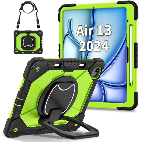 Tablet Cases Case Compatible with iPad Air 13 Inch (2024) M2 with Pencil Holder, Rugged Shockproof Cover,Protective Case W 360 Swivel Kickstand+Hand Strap+Shoulder Strap Tablet PC Case(Black Yellow Gr