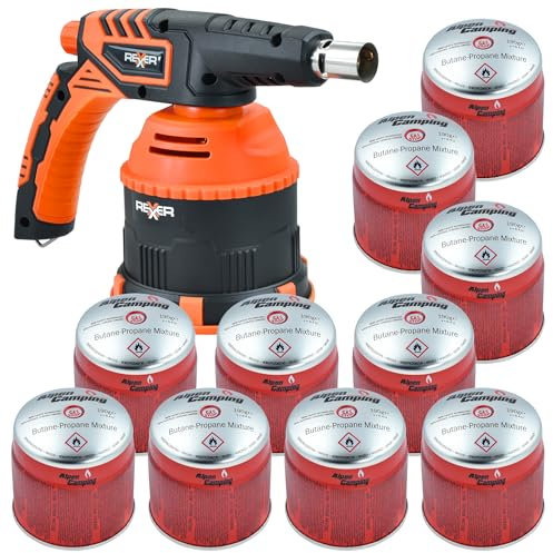 REXXER Premium Gasbrenner mit Piezozündung 1300 W + 10 Butankartuschen 190 g - Präzises Löten, Flammenregulierung, GAS STOP System, Creme Brulee Brenner, Zum Metallschmelzen Löten