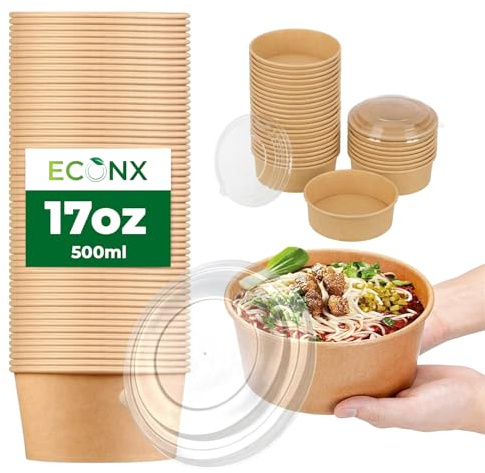 ECONX 18oz 500ml Kraft Salad Paper Bowls with Lids 50 Pcs Disposable Takeaway Bowls Salad Food Container for Hot Cold Food Leakproof Soup Containers for Business, Restaurant