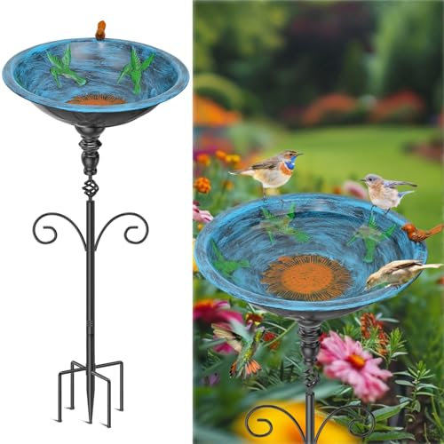 Vogelbad für Draußen Garten, Vogeltränke stehend mit Standfuß, Metall Vogelbecken Schüssel Wassertränke,Vogelfutterspender aus Gusseisen, Vogelfutterschale Wasserschale für Wildvögel (Retro Blau)