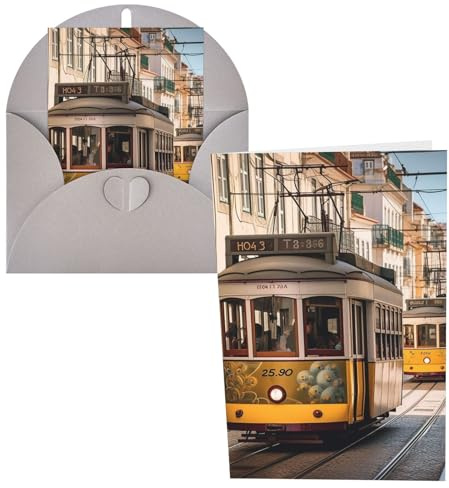 SDTYKHJ Grußkarte mit Umschlägen, 10,2 x 15,2 cm, blanko, Notizkarten, Lissabon, Straßenbahn, Geburtstagskarte, lustige Postkarten für Geburtstag, Hochzeit, Einladungen