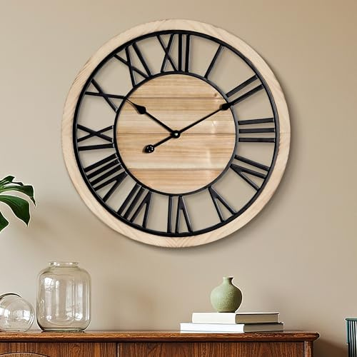 Maxstar Wanduhr Wohnzimmer im Landhausstil, 60 cm Vintage Wanduhr Holz mit Metallrahmen, ohne Tickgeräusche für Schlafzimmer, Küche, Büro und Schule, mit römischen Ziffern