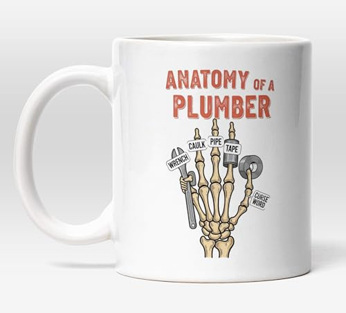 MILLHOUSE PRINTS Anatomy of a Plumber Mug – Funny Skeleton Hand Coffee Cup with Tools – Wrench, Pipe, Tape, Caulk, Curse Word Design