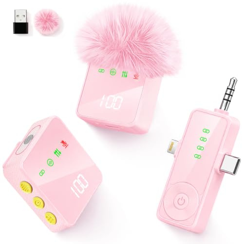 Bayanbulu Rosa kabelloses Lavalier-Mikrofon mit Digitalanzeige, Geräuschunterdrückung, 20h Akku, magnetischer Windschutz, für iPhone, Android, Kameras, Vlogging, TikTok, YouTube, Podcasts, Interviews
