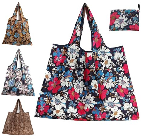 4 Pcs Large Foldable Shopping Tote Bag, Reusable Shopping Bags, Eco Waterproof Tote Shopping Cloth Bags, Lightweight Handbag Tote Pouch for Travel Picnic Daily Use Holiday Favors