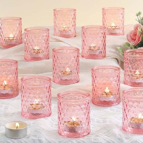 LETINE 12 Stück Rosa Teelichthalter, Glas Kerzenhalter, 6,7 X 5,5 cm | Langlebig und Hochwertige Teelichtgläser, Kerzengläser Geeignet für Partys, Festivals, Hochzeiten, Heimdekoration