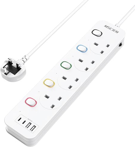Mscien Short Extension Lead with USB-C Slots 1M Individual Switched, 4 Way | Overload Protection, Wall Mounted, Safety Door, Fire-Resistant Shell, 13A/3250W, Wide Socket Space, Indicator Light, 8-IN-1