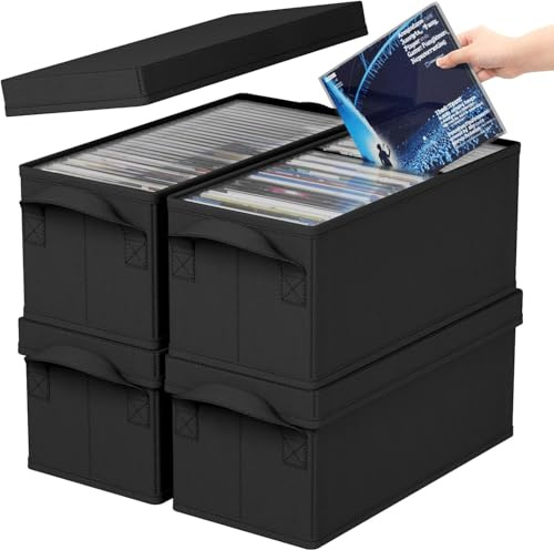 Aolawco DVD Storage Boxes-Pack of 4 DVD Case Storage with Lids-40*20*15 CM | Container Holds 50 DVDs in Full Jewel Cases,85 DVDs in Slim Cases, and 220 Discs in CD Sleeves,Organizer for CD & DVD-Black
