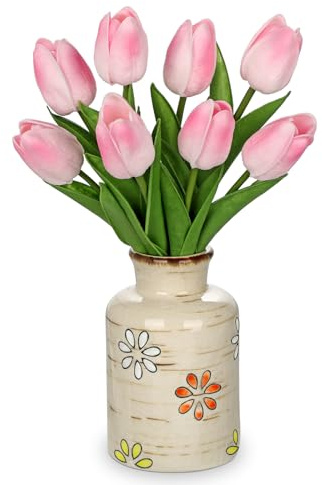 8 tulipani in rustico, contenitore per latte in ceramica, con fiori artificiali, composizioni da tavolo, regalo per casa, ufficio, feste, matrimoni, compleanni, giardino, pesca rosa