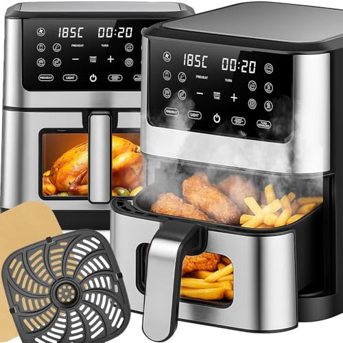 Retoo Heißluftfritteuse 8L XXL Airfryer 1800W, 14 Programme Bis Max 200 °C, Fritteuse Ohne Öl Mit Sichtfenster Und Touchscreen, Keramikbeschichtung Für Gleichmäßiges Garen, Gesundes Kochen Grillen