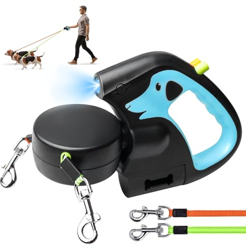 Doppelte Einziehbare Hundeleine, Rollleine Mit Led Licht, Ausziehbare Doppel Hundeleine Für 2 Hunde, 3M Hundeleine Flexi, Anti Rutsch Griff Schnellbremsknopf Für Kleine Und Mittelgroße Hunde(Blau)
