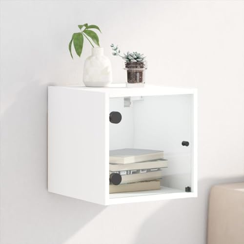 Hoopleep Nachttisch Weiß mit Glastür, Hängender Beistelltisch 35x37x35 cm, Moderner Nachtschrank für Schlafzimmer, Wohnzimmer Aufbewahrung, Holzwerkstoff Möbel