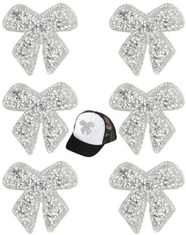 WINXMIN 6 Stück Schleife Strass Patches,Glitzer Schleifen Aufnäher Bügelbilder Glitzer Applikationen Schleif Aufnäher Patches zum Aufbügeln Strass Aufbügelbilder Aufkleber für Kleidung Jeans(Silber