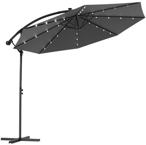 Ferghana Sombrilla de jardín exterior, sombrilla cuadrada con manivela y pie, reclinable, protección UV 50+, resistente al viento, 8 ballenas de acero, función 360°, antracita, 2.5x2.5 M avec LED