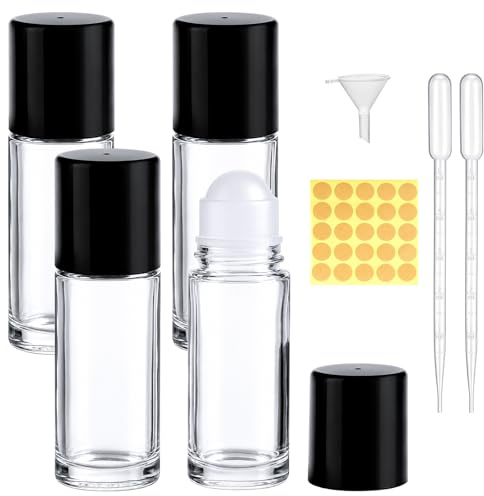 Quelcc 4 x 50ml Bouteilles à Rouleau en Verre, Roll on Huiles Essentielles | Flacon Roll on Vide en Verre, Flacons Roll On Rechargeables pour Huiles Essentielles, Parfum, Aromathérapie
