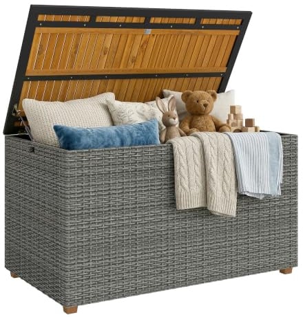 Outsunny 2-in-1 Gartenbox 450 L Polyrattan wasserdicht Auflagenbox mit FSC-Akazienholz-Deckel Gasdruckfedern Innenfutter, UV-beständig Wetterfest Aufbewahrungsbox Kissenbox für Garten Pool Dunkelgrau