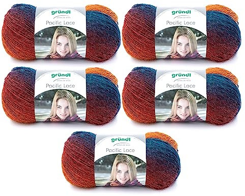 Gründl Pacific Lace, Packung 5 Knäuel à 100 g Handstrickgarn, 80% Polyacryl, Wolle, 10% Alpaka, passion fruit, 36 x 20 x 8 cm