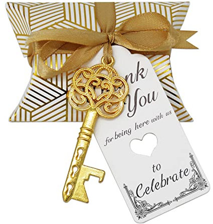 Aokbean 50pcs Wedding Favor Souvenir Gift Set Pillow Candy Box Vintage Skeleton Key Bottle Openers with Escort Love-Heart Hallow Out Tag and French Ribbon (Gold 1)