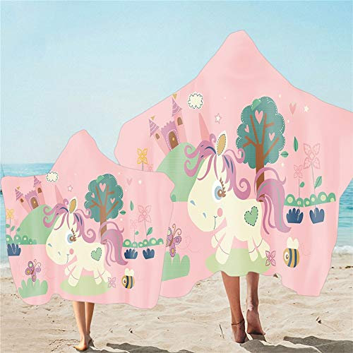 Strandtuch mit Kapuze Flamingo Papagei Tukan Muster Mikrofaser Alpaka Faultier Panda Tier Kapuzengewand Handtuch Poncho Eltern-Kind Bademantel Strandkleidung (Rosa Einhorn,Adult 150x200cm)