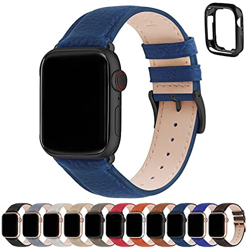 Fullmosa Cinturino Apple Watch 45mm/44mm/42mm/49mm, LichiBosin Cinturini in Pelle per Apple Watch Serie 9 8 7 6 5 4 3 2 1, SE 2/ SE/Ultra/Ultra 2, Blu Scuro + Fibbia Grigia Fumo