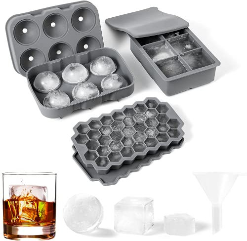 Quikobo Eiswürfelform Silikon Combo Formen - 3er Set, Kugel-Eis Bereiter, große Würfel & sechseckige Eisformen mit Deckel, Flexible Eiswürfelform für Whiskey, LFGB zertifiziert und BPA-frei