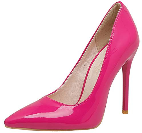 MJIASIAWA Femmes Pointu Robe Mariage Aiguille A Enfiler Escarpins Soirée Fête Formal Talons Hauts Escarpins Cuir Verni Rose-Rouge Taille 45 EU/47 Asiatique