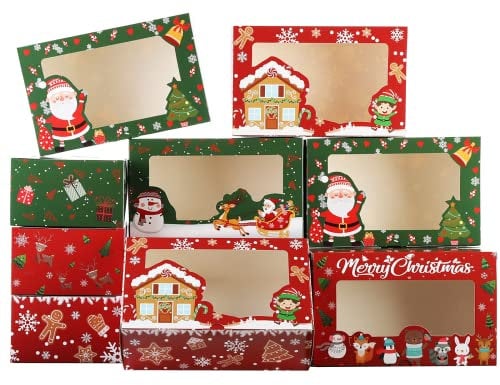 20PCS Christmas Cookie Boxes(8x5x3 inches) -Large Holiday Bakery Food Container with Window Holiday Treat Box Reindeer Santa Snowman gingerbread Man Cookie Boxes for Gift Giving