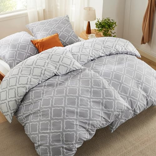 BEDSURE Bettwäsche 135x200 4teilig Bettbezug - Bettwäsche-Sets 135 x 200 cm 2er Set mit 2 Kissenbezüge 80x80cm, Weich Wendebettwäsche Bedding Gitter Grau Muster mit Reißverschluss