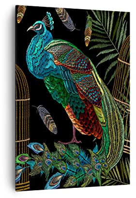 Bilder auf Leinwand 70x100cm Leinwandbild mit Rahmen Pfauen Gold Käfig Groß Wanddeko Bild Schlafzimmer Küche Deko Wandbilder Dekoration Wohnzimmer Wall Decor Canvas Wand Kunstdruck Art PA70x100-4390