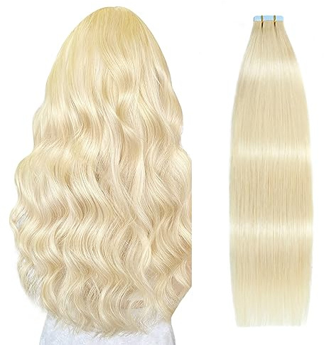 SUYYA Tape Extensions Echthaar,Invisible Tape in Extensions Echthaar Seidig Gerade Remy Tape Haarverlängerungen Echte Menschliches Haar 28 Zoll 70cm 20 Stück 60G #613 Bleichblond