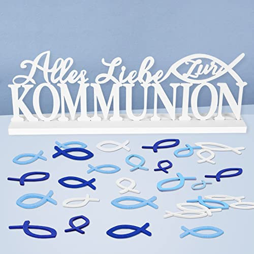 FORMIZON Kommunion Tischdeko, Schriftzug Tischdeko Kommunion, Alles Liebe zur Kommunion Tischdeko mit 72 STK Streudeko Fische Holz Dekoration, Taufedeko Junge Mädchen Taufe Konfirmation Deko (Blau)