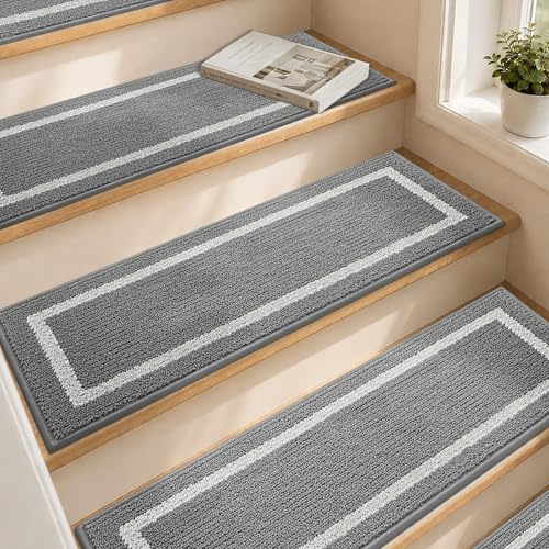 COSY HOMEER Weiche Stufenmatten für Holzstufen, Treppenläufer für Kinder und Hunde, 100 % Polyester, TPE-Unterseite, Grau, quadratisch, 71,1 x 22,9 cm, 15 Stück