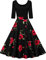 AXOE Femme Robe Mariage Invitée Vintage Année 50 Pin up Manche 3/4 Noir avec des Rose Fleurie F1B, Taille 42, L