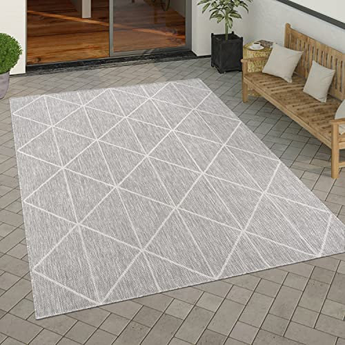 Paco Home Outdoor Teppich wetterfest modernes Boho Skandi Rauten-Muster Robustes Flachgewebe in Sisaloptik pflegeleicht ideal für Balkon, Terrasse & Küche, Grösse:240x340 cm, Farbe:Grau