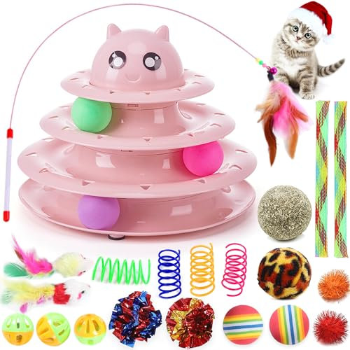 Suhaco 21 Pack Cat Toys for Indoor Cats Interactive Kitten Toy Fun Roller 3 Level Cats Ball Toys with Catnip Ball Self Play Cat Feather Wand Kitty Toy for Boredom (Pink)