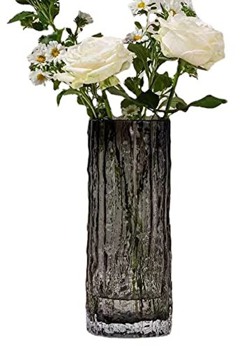 NFNSIG Vase en cristal transparent pour fleurs, 25 cm, vase en verre de roche de style européen, bouteilles rondes à rayures vintage pour bibliothèque, table à manger, bureau intérieur, noir