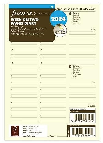 Filofax A5 Woche auf zwei Seiten Spaltenformat 5 Sprachen 2024 Terminplaner - Baumwolle Creme
